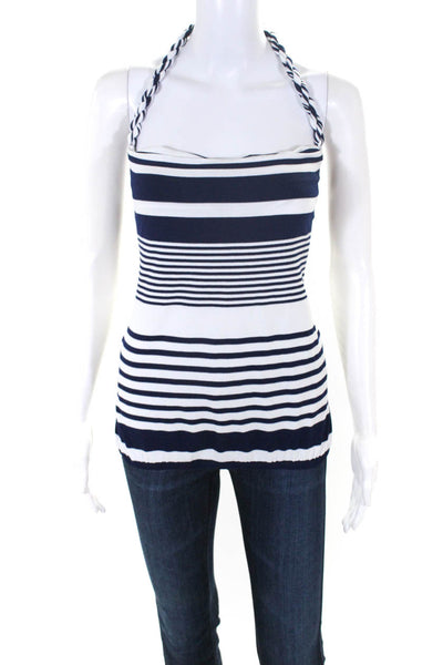 Trina Turk Women's Halter Neck Blouse Blue White Striped Blouse Size M