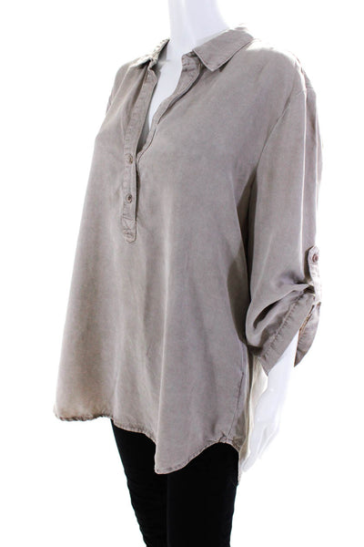 Cloth and Stone Womens Half Buttoned Collar V-Neck Long Sleeve Tops Beige Size L