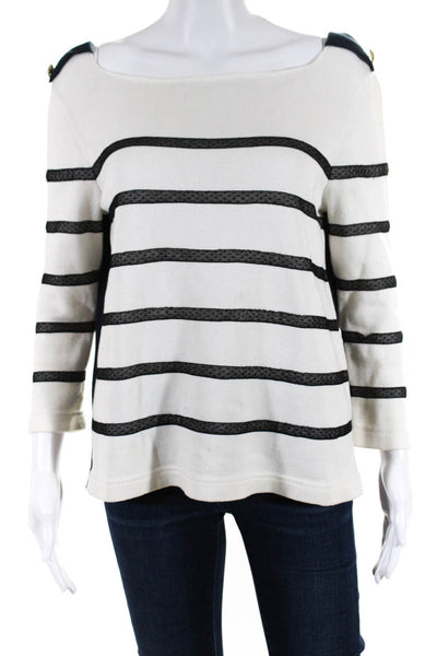 RED Valentino Women's Square Neck Stripped Lace Wool Sweater Top White Size L