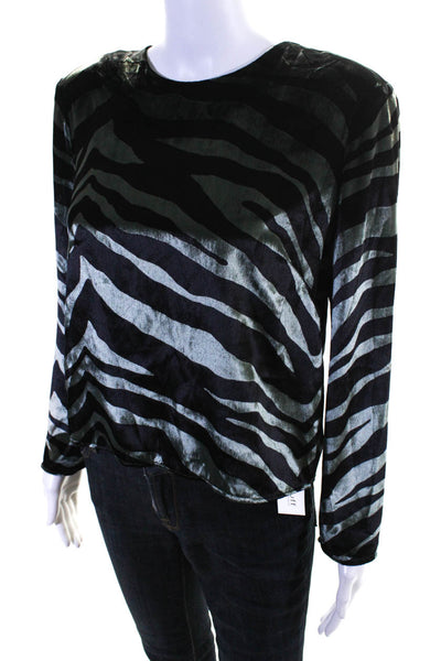 Michelle Mason Womens Long Sleeve Crew Neck Velvet Zebra Top Green Black Size 4
