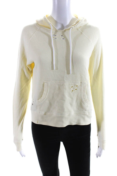 Leallo Womens Light Yellow Cotton Distress Pullover Hoodie Sweater Top Size XS