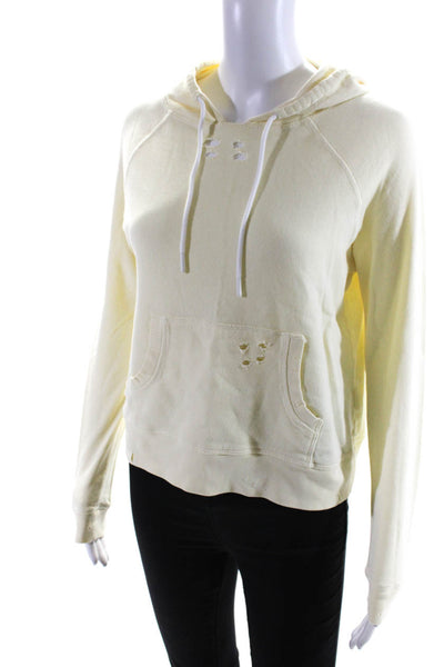 Leallo Womens Light Yellow Cotton Distress Pullover Hoodie Sweater Top Size XS