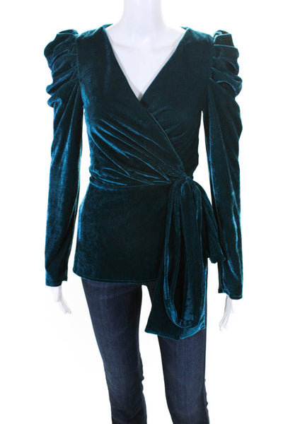 PatBO Womens Long Sleeve Ruched V Neck Velvet Wrap Top Blouse Blue Size XS