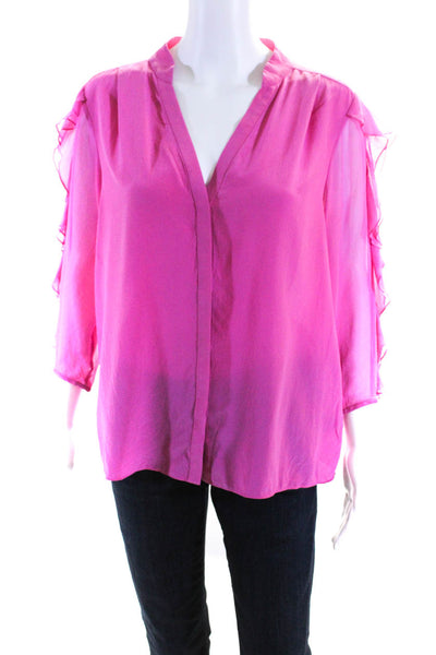 Tibi Womens 3/4 Sleeve Button Front Ruffled Boxy Silk Shirt Pink Size 8