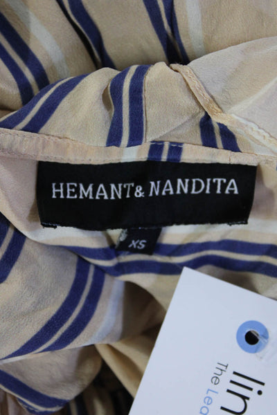 Hemant & Nandita Womens Silk Striped Print Mini Blouson Dress Pink Blue Size XS