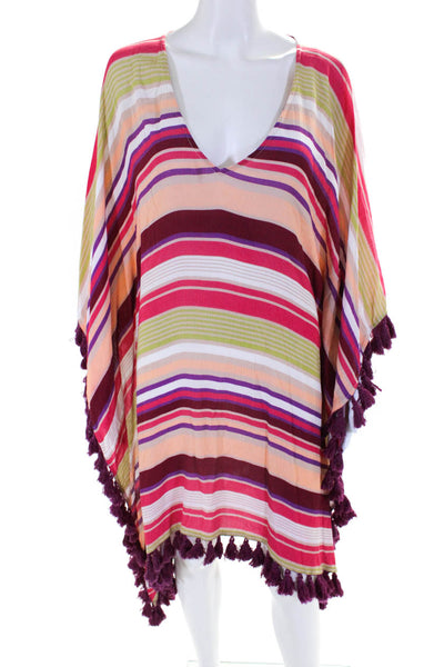 Tularosa Women's Striped V-Neck Tassel Trim Kaftan Dress Multicolor Size XS
