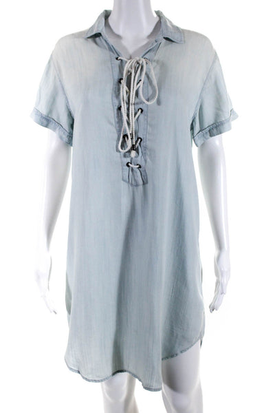 Rails Womens Short Sleeved Collared Lace Up Short Tunic Dress Light Blue Size S