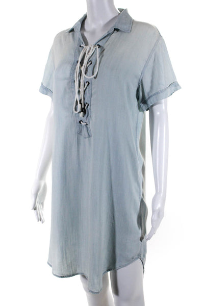 Rails Womens Short Sleeved Collared Lace Up Short Tunic Dress Light Blue Size S