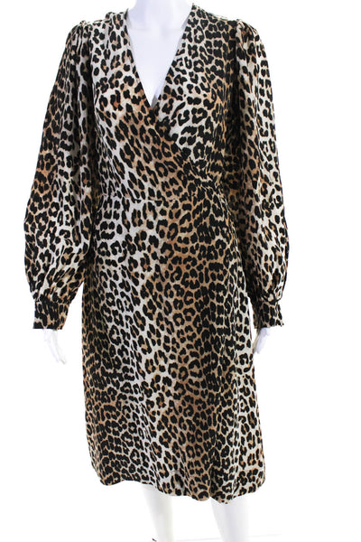 Ganni Womens Long Sleeve Leopard Print Midi Wrap Dress Black Brown Size FR 38