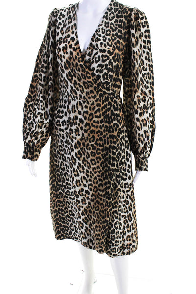 Ganni Womens Long Sleeve Leopard Print Midi Wrap Dress Black Brown Size FR 38