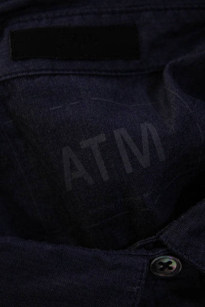 ATM Womens Button Front Drawstring Waist Collared Shirt Dress Blue Cotton Medium