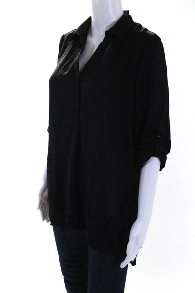 Renuar Womens 3/4 Sleeve Collared V Neck Boxy Shirt Black Size Medium