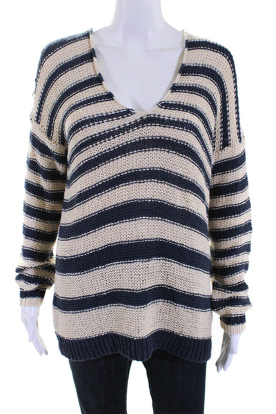 Vince Womens Cotton Open Knit Striped Pullover Sweater Top Blue Ivory Size S