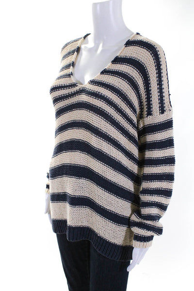 Vince Womens Cotton Open Knit Striped Pullover Sweater Top Blue Ivory Size S