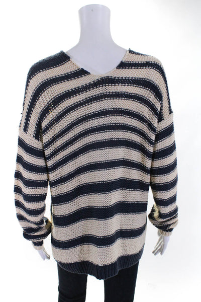 Vince Womens Cotton Open Knit Striped Pullover Sweater Top Blue Ivory Size S