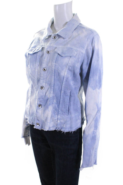 HTrailz Womens Cotton Tie Dye Collared Button Up Fringe Jean Jacket Blue Size M
