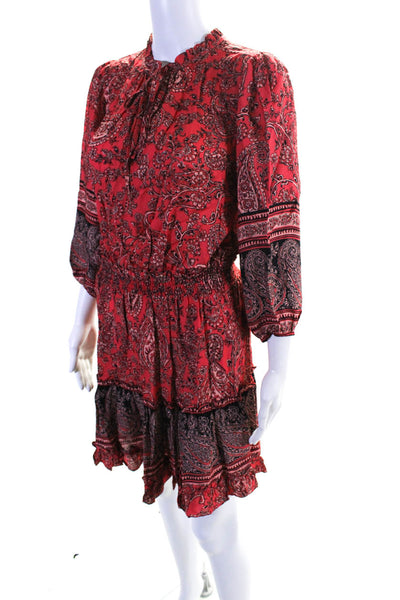 Shoshanna Womens Tie Neck Paisley 3/4 Sleeve Mini A Line Dress Coral Pink Size 6