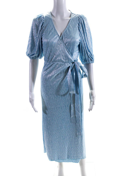 ROTATE Womens Short Sleeve V Neck Metallic Knit Wrap Long Dress Blue Size 4