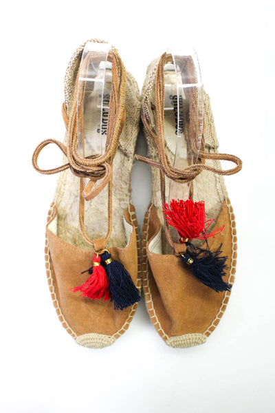 Soludos Womens Suede Lace Up Tasseled Platform Espadrille Sandals Brown Size 9