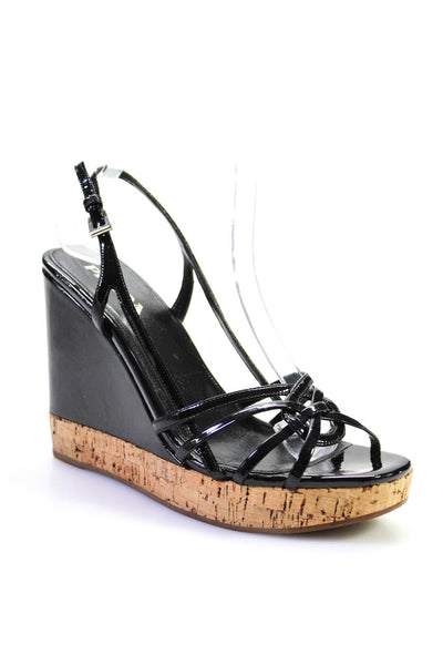 Prada Womens Cork Patent Leather Slingback Wedge Sandals Black Size 37 7