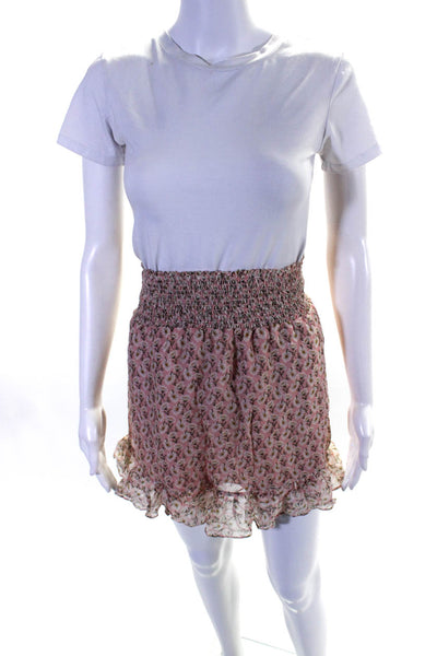Intermix Womens Pink Silk Floral Print Smocked Ruffle Lined Mini Skirt Size L