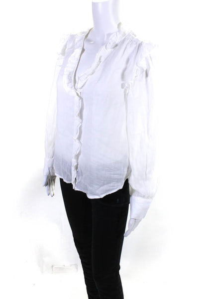 Frame Womens Button ront Long Sleeve Ruffled V Neck Shirt White Size Small