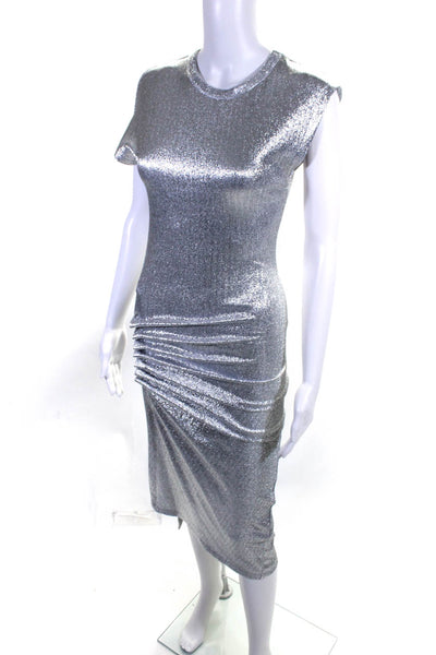 Paco Robanne Womens Sleeveless Metallic Gathered Asymmetric Hem Dress Silver Siz