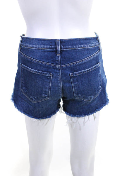L'Agence Women's Frayed Hem Mid Rise Medium Wash Denim Shorts Blue Size 24