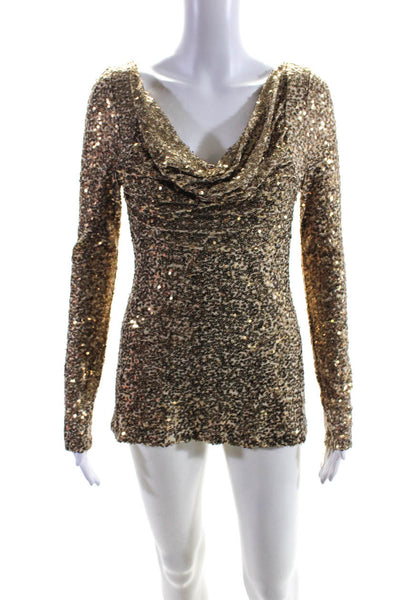 Badgley Mischka Womens Gold Sequins Drape Neck Long Sleeve Mini Dress Size S