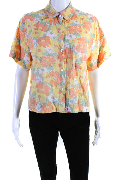 Rails Womens Button Front Oversized Linen Floral Pocket Shirt Yellow Multi Small