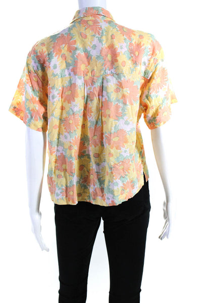 Rails Womens Button Front Oversized Linen Floral Pocket Shirt Yellow Multi Small