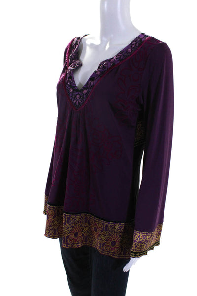 Hale Bob Womens Damask Print Boat Neck Long Sleeve Tunic Blouse Purple Size M