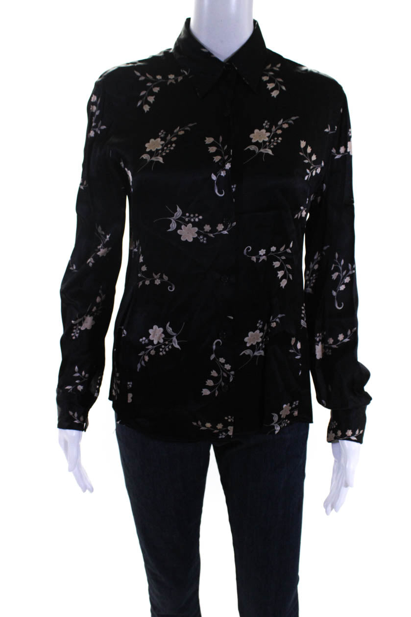 Black Floral Top - Long Sleeve Button-Up Top - Satin Floral Top