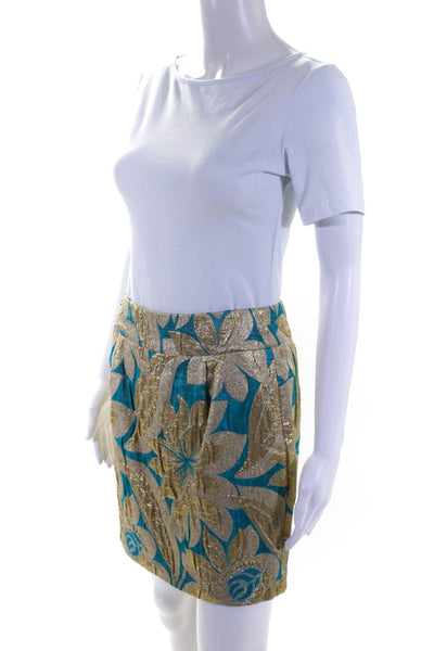 Trina Turk Womens Floral Print Metallic Straight Short Skirt Blue Gold Size 2