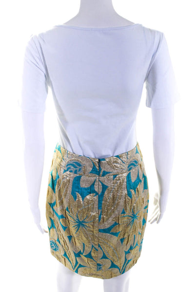 Trina Turk Womens Floral Print Metallic Straight Short Skirt Blue Gold Size 2