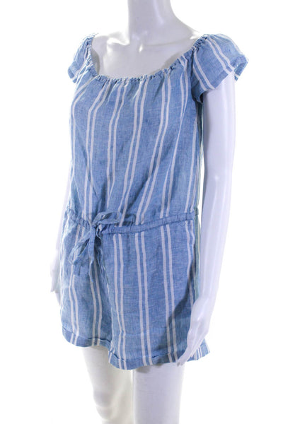 Island Company Womens Striped Off-the-Shoulder Drawstring Romper Blue Size M