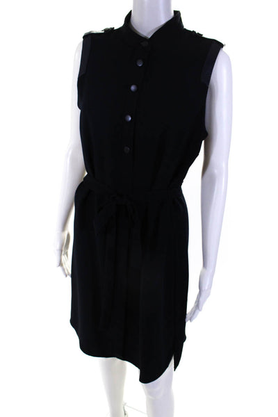 Parker Womens Collared Half Buttoned Belted Sleeveless Shift Dress Navy Size L