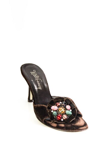 Wills Fancy Womens Velvet Beaded Flower Accent Slip On Sandals Brown Size 6.5