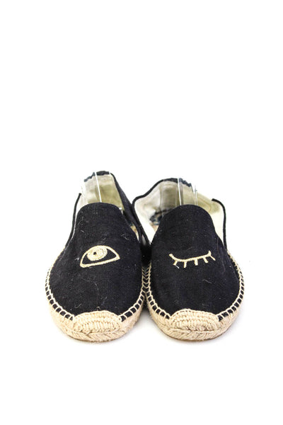 Soludos Women's Embroidered Linen Espadrille Flats Black Size 9.5