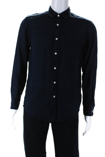 Muji Mens Button Fornt Long Sleeve Collared Linen Shirt Navy Blue Size Small