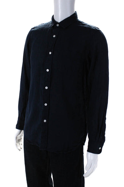Muji Mens Button Fornt Long Sleeve Collared Linen Shirt Navy Blue Size Small
