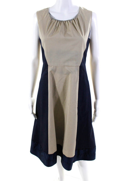 Elie Tahari Womens Cotton Sleeveless Midi Fit & Flare Dress Blue Tan Size 4