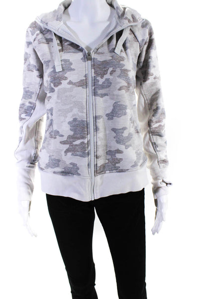 Athleta Womens Fleece Lined Camouflage Hooded Zip Jacket White Gray Size Small