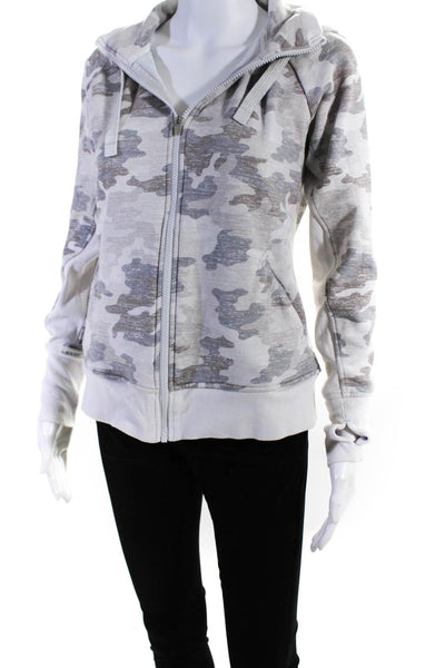 Athleta Womens Fleece Lined Camouflage Hooded Zip Jacket White Gray Size Small