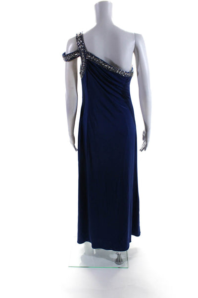 JS Boutique Womens Embellished One Shoulder Jersey Satin Gown Blue Size 8