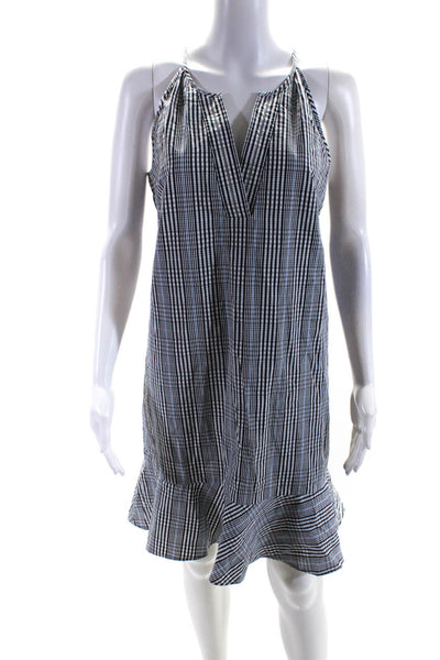 J Crew Womens V Neck Plaid Ruffle Hem Shift Dress Blue White Cotton Size 6