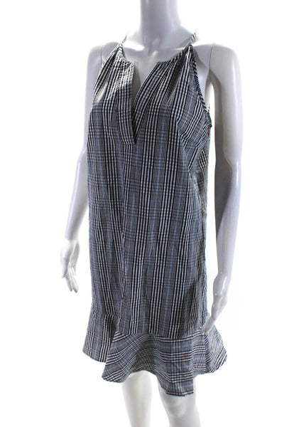 J Crew Womens V Neck Plaid Ruffle Hem Shift Dress Blue White Cotton Size 6