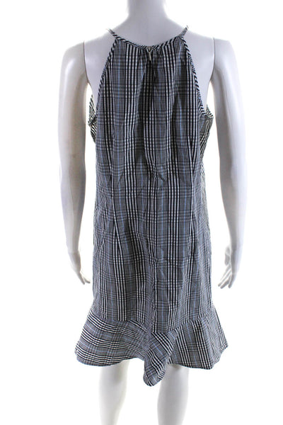 J Crew Womens V Neck Plaid Ruffle Hem Shift Dress Blue White Cotton Size 6