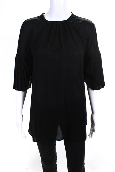 Prada Womens Pleated Bell Sleeve Crepe Crew Neck Top Blouse Black Size IT 44