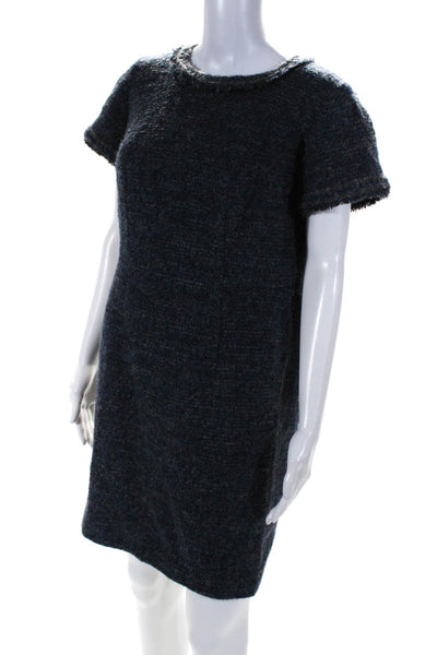 Nina Bauer Womens Short Sleeve Tweed Crew Neck Sheath Dress Blue Gray Size 6